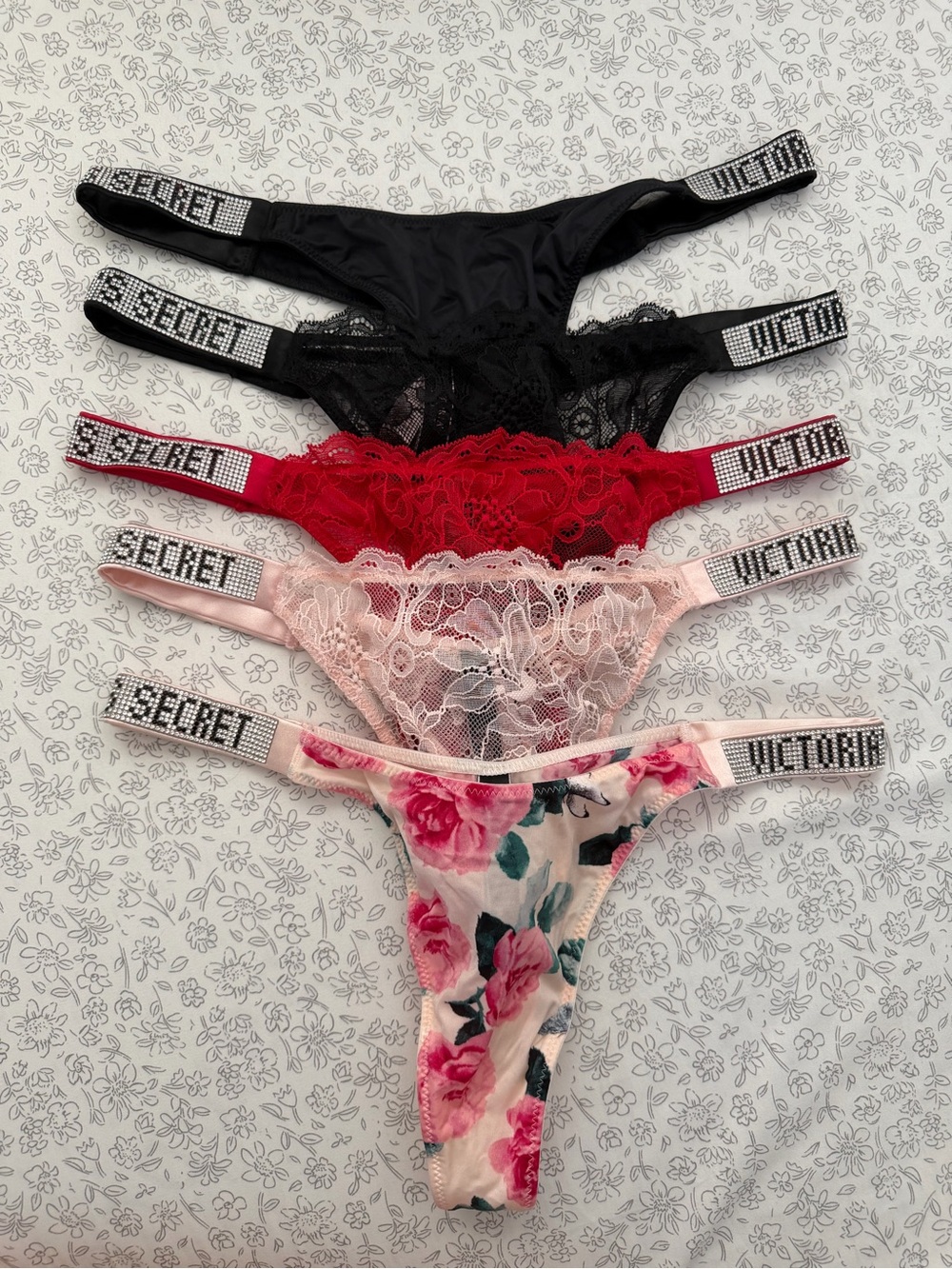 Victoria's Secret Five-Pack Rhinestone Strap Thongs - Black, Red, Pink, Floral